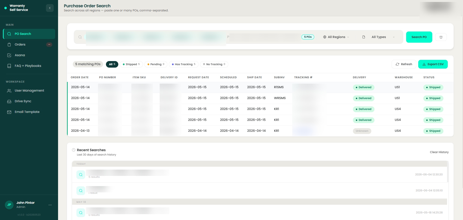 Warranty Self Service Portal purchase order search interface